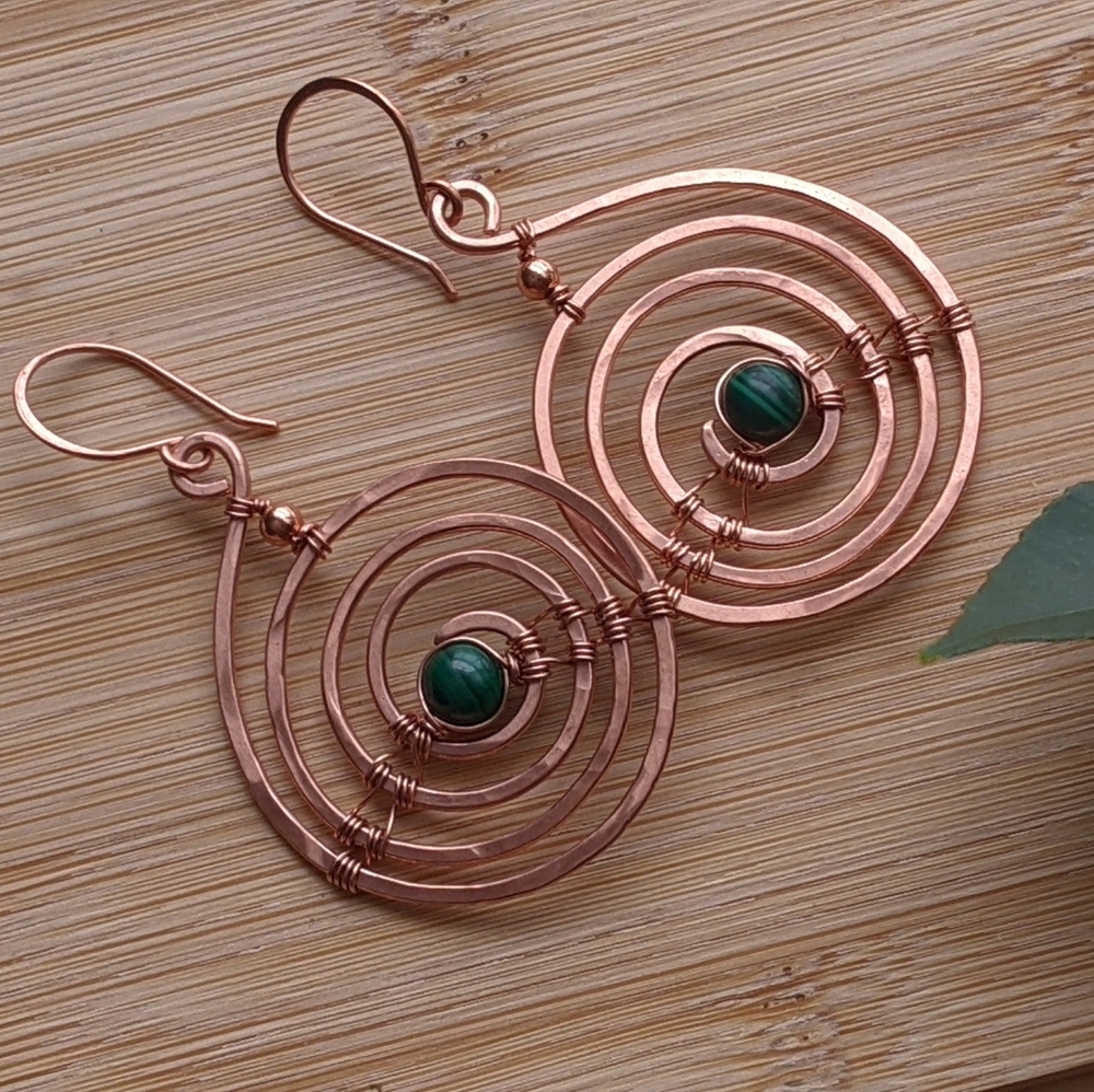 Industrial Urban Copper Spiral Earrings Natural Malachite Gems Earthy Bold - Picture 5 of 12
